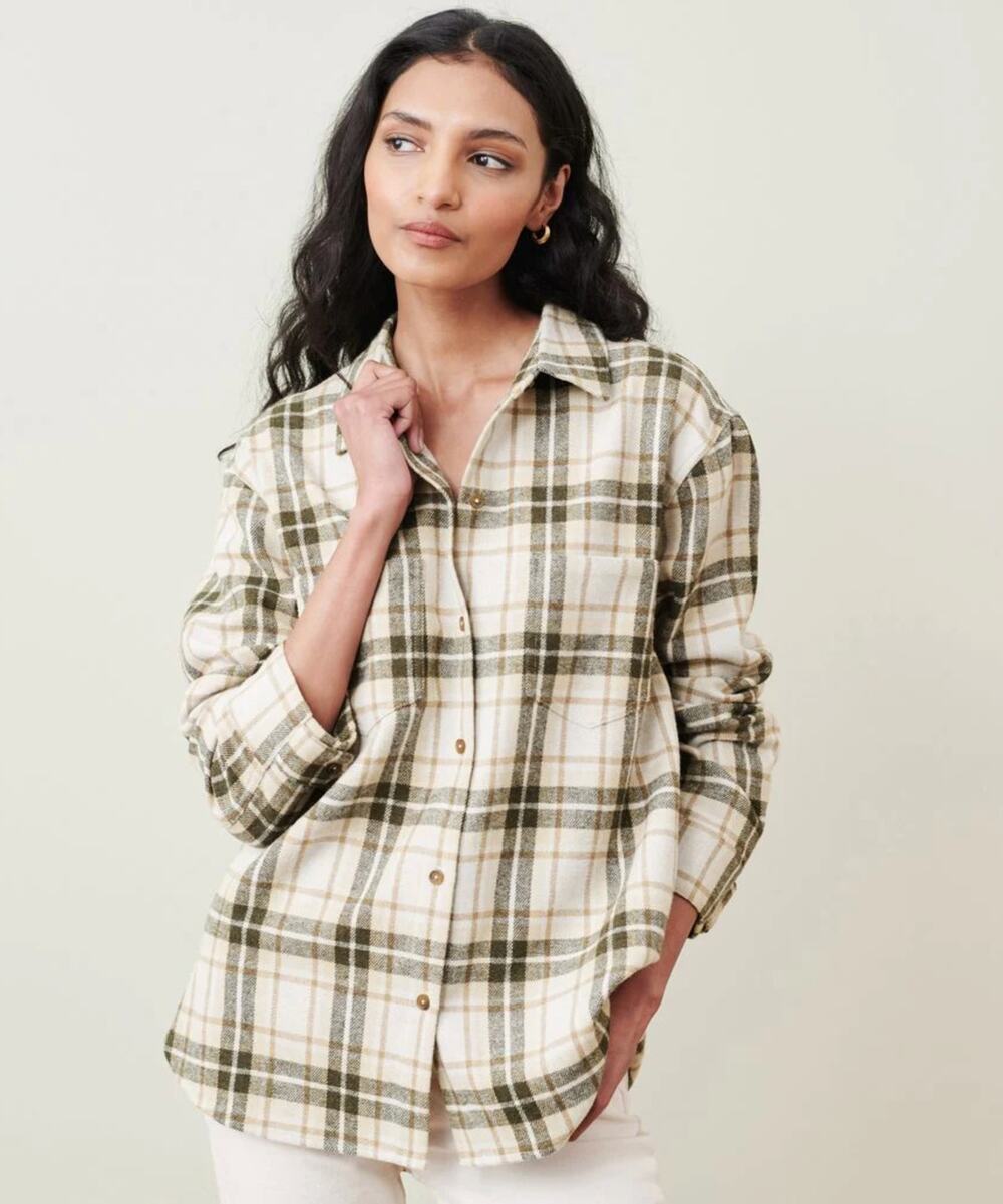 JENNI KAYNE O'Keeffe Overshirt Button Down Oatmeal Plaid Wool Sz XXL {3S31}